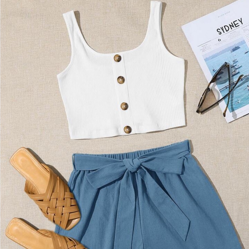 NWOT Shein ribbed knit button front crop tank top with paper bag belted shorts
